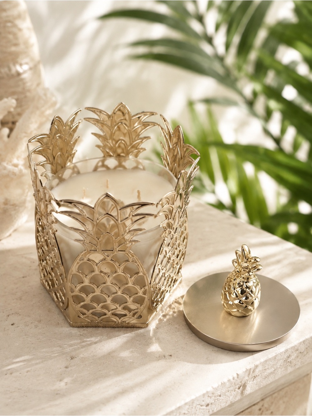 Bath & Body Works Gold Pineapple 3-Wick Candle Holder & Lid Magnet